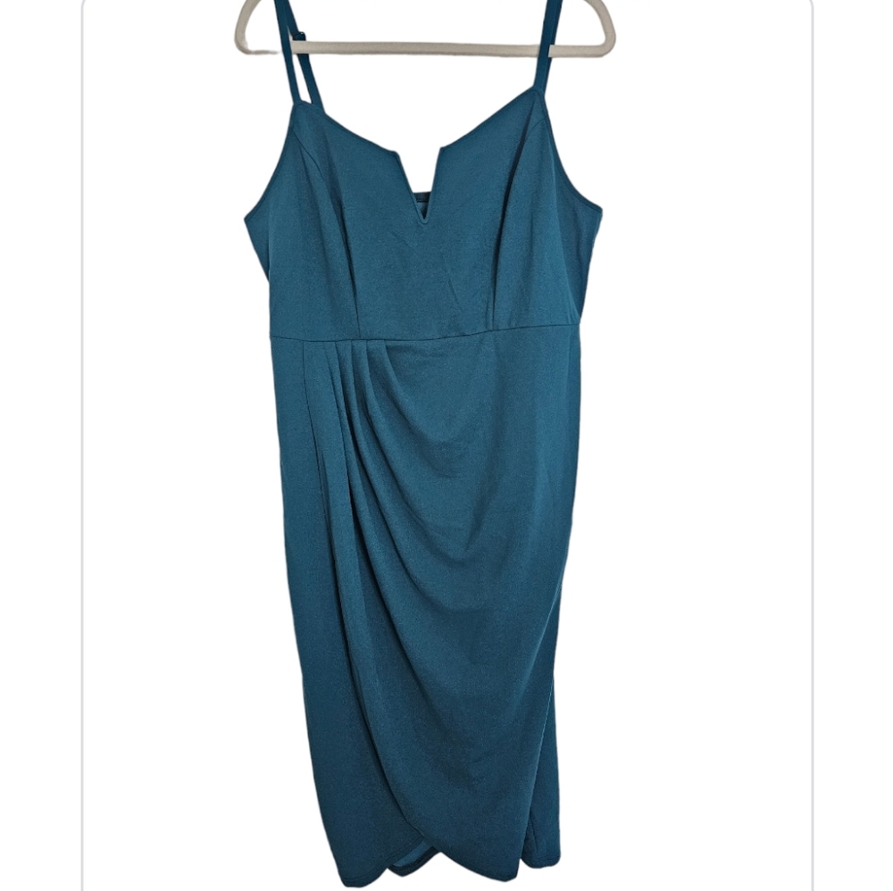 BloomChic Teal Blue Spaghetti Strap Draped Sheath Dress